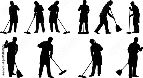Janitor and Cleaner Silhouette Set with Broom and Mop, Professional Flat Vector Illustration
