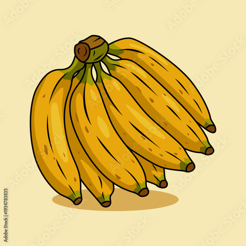 Ripe Yellow Banana Bunch. Fresh Tropical Fruit Cartoon Vector Illustration Isolated