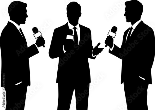 Journalist and Reporter Silhouette Set with Microphones, Media Interview Flat Illustration