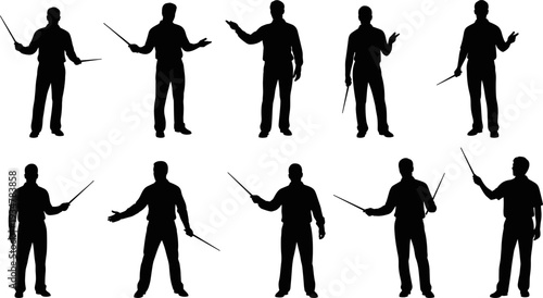 Man Silhouette Set with Pointer Stick for Presentation and Teaching, Flat Vector Illustration