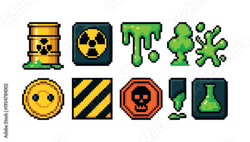 Pixel art hazard icon set. toxic, radioactive, chemical alerts in pixelated style.