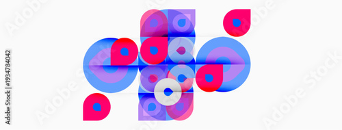 Abstract composition. Overlapping circles, squares, vibrant pinks, blues, whites create dynamic visual effect. Modern design.