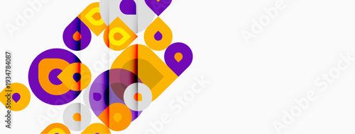 Abstract geometric shapes overlap, creating vibrant purple, orange patterns on white background. Modern design elements suggest playful composition.