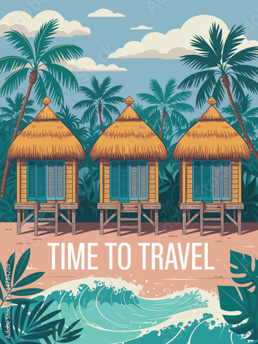 Tropical Huts Poster, wooden stilt homes with turquoise shutters and golden thatched roofs surrounded by palm trees