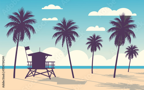 Lifeguard Tower Poster, dark purple silhouette on sandy beach with light blue sky and fluffy clouds retro travel wall art