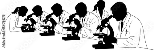 Scientists and Lab Technicians Using Microscopes in Laboratory, Professional Flat Vector Illustration