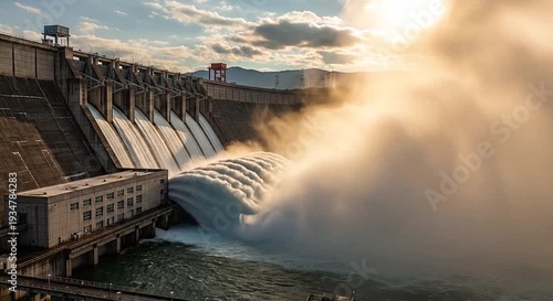 Massive concrete dam releasing water into a misty river under a bright, cloudy sky