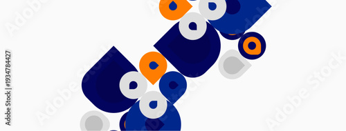 Abstract geometric shapes, blue, orange, gray. Overlapping circles create dynamic composition. Minimalist design, clean lines, modern aesthetic.