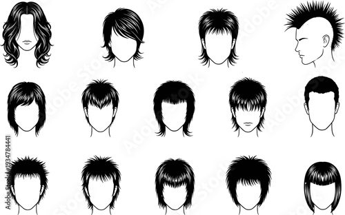 Set of Diverse Men and Women Hairstyle Silhouettes, Flat Vector Haircut Illustration