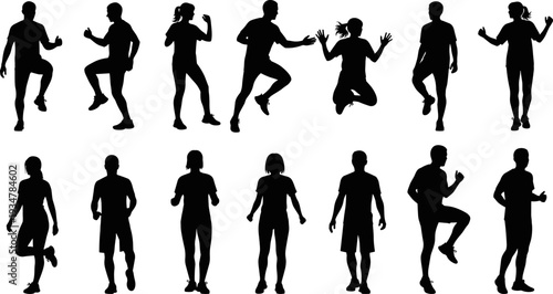Set of People Silhouettes Exercising and Running, Active Fitness Lifestyle Flat Vector Illustration
