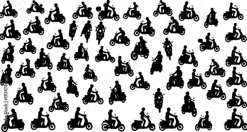Set of People Riding Scooters Silhouette, Motorbike Commuters, Flat Vector Illustration