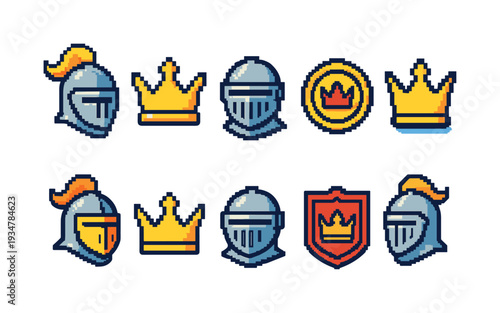 Medieval, knight pixel icon set. crown, helmet, shield pixel art badge collection