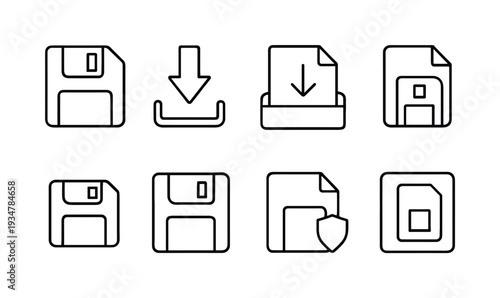 File, download line icon set. save, upload, document linear icons collection