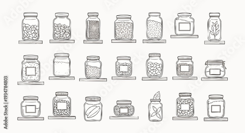 Collection of Hand-Drawn Jars Filled with Various Ingredients on Shelves, Vector Illustration
