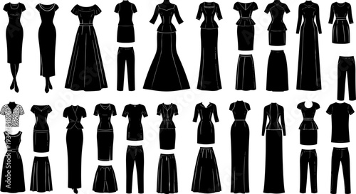 Women Fashion Dress Silhouette Set, Elegant Evening Gown and Formal Wear Flat Illustration