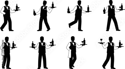 Waiter Silhouette Set Serving Wine and Drinks, Restaurant Staff Flat Illustration, Butler Vector Art