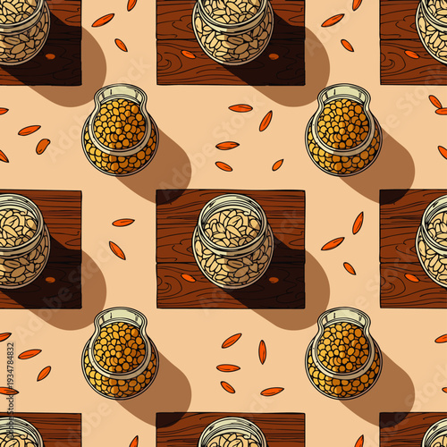 Seamless pattern of glass jars filled with lentils and beans on wooden coasters, with scattered legumes on a light background
