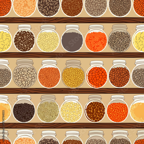 Seamless pattern of assorted dried legumes and grains in glass jars on wooden shelves, vibrant colors, healthy food concept