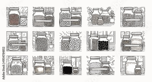 Collection of Hand-Drawn Jars Filled with Various Grains, Seeds, and Spices, Presented in a Grid Layout