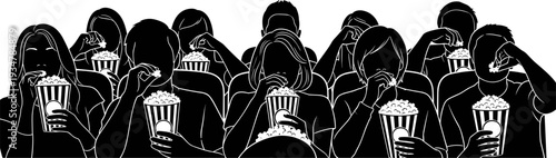Audience Silhouette Eating Popcorn in Cinema Theater, Flat Vector Illustration