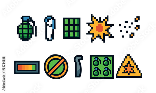 Pixel style gaming icon set. explosives, detonator, grenade, warning pixel art icons