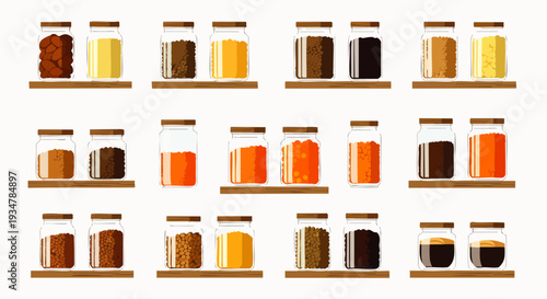 Collection of Glass Jars Filled with Various Spices, Powders, and Liquids on Wooden Shelves