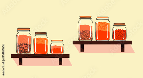 Glass jars filled with colorful spices and grains neatly arranged on two wooden shelves, kitchen pantry organization concept.