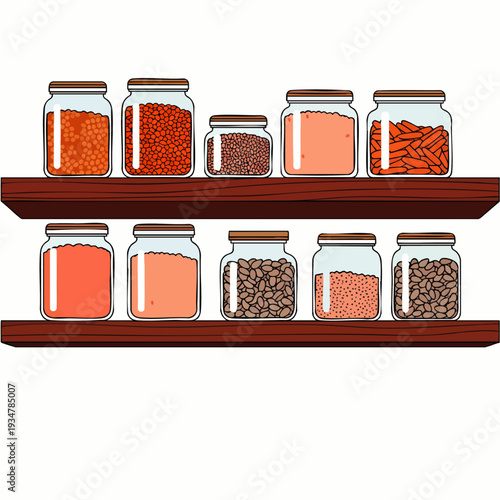 Assortment of Jars Filled with Various Grains, Lentils, and Spices on Wooden Shelves