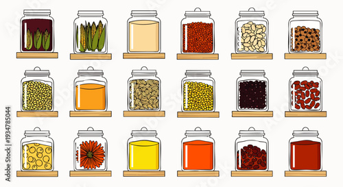Collection of glass jars filled with various colorful food ingredients, spices, and preserves displayed on shelves