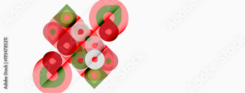 Abstract design features overlapping circles, red, green, white hues. Minimalist composition, geometric shapes dominate visual space.