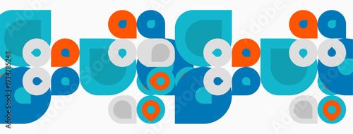 Abstract geometric pattern. Blue, orange, gray circles overlap creating playful design. Simple shapes repeat across image.