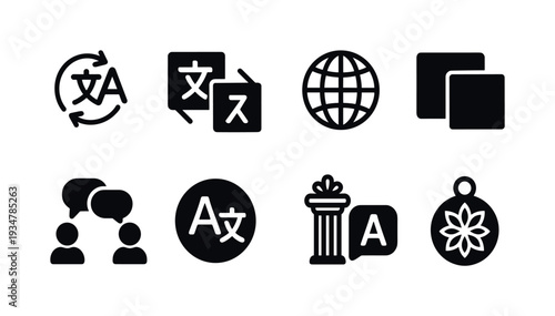 Language and translation solid icon set: multilingual, globe, and communication symbols