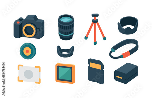 Camera equipment flat icon set. photography tools, accessories flat icons collection.