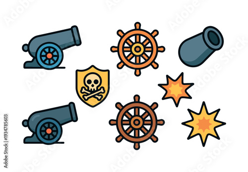 Pirate adventure icon set: nautical, cannon, wheel, shield flat collection