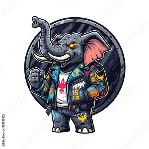 Elephant Character in Punk Jacket with Circular Backdrop