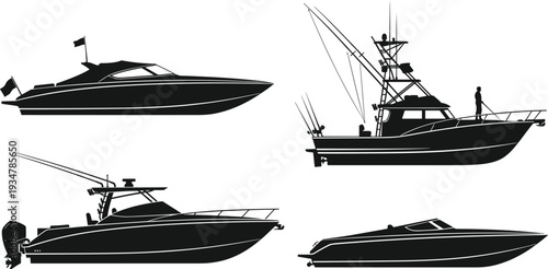 Black silhouette vector set of modern motorboats luxury yachts and fishing vessels isolated on white background for nautical marine design