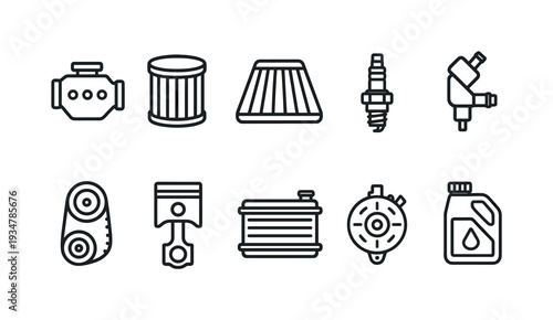 Automotive parts outline icon set. engine, filter, spark plug, piston linear collection.