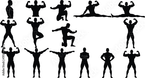 Black silhouette vector set of muscular bodybuilders posing in various gym fitness positions and athletic stances isolated on white background