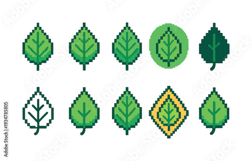 Nature, green leaf pixel art icon set. environment and plants pixel style collection
