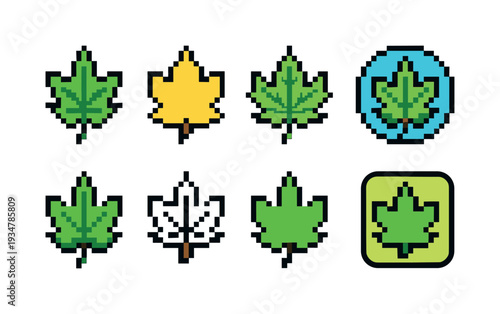Leaf icon set. nature, pixel art, outline, filled, seasonal leaf icons in 8-bit style