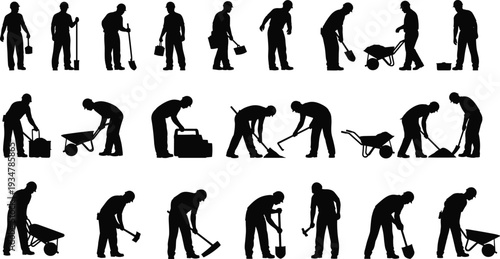 Construction worker silhouettes vector set, manual labor poses, tools, wheelbarrow, shovel, hammer, pickaxe, carrying, lifting, building, industrial work illustration design
