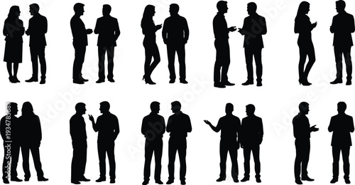 Conversation silhouettes vector set, people in dialogue, male and female pairs, gesturing, standing poses, communication, teamwork, social interaction illustration design