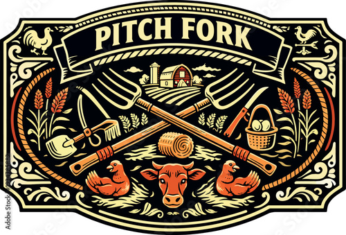 Pitch Fork Vintage Farm Badge Vector Art