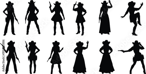 Cowgirl silhouettes vector set, women in cowboy hats and boots, pistols, Western attire, action poses, dynamic fashion, Wild West illustration design