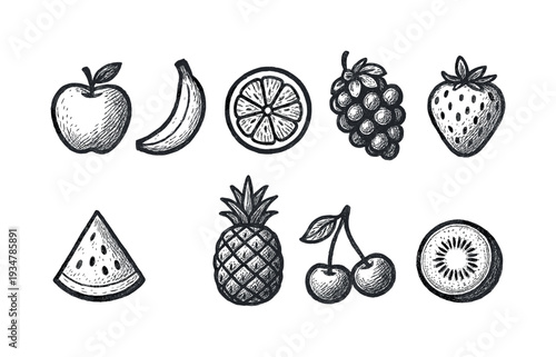Fruit silhouette icon set. apple, banana, grape, and more fruit silhouette collection.