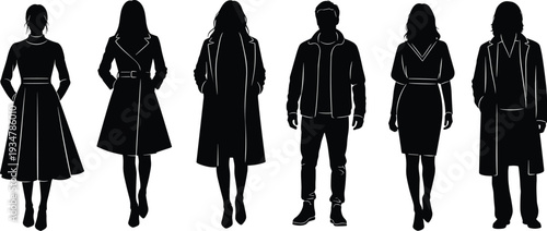 Black silhouette vector set of fashionably dressed people in autumn and winter coats and stylish outfits isolated on white background