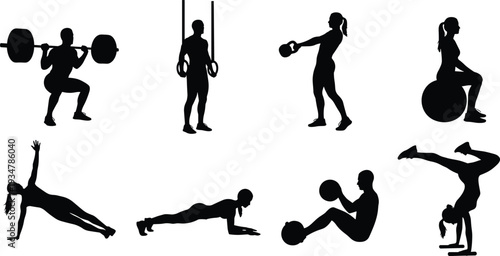 Fitness exercise silhouettes, barbell squat, kettlebell swing, plank positions, handstand balance, gym workout vector illustration, strength training, core stability, athletic conditioning, health