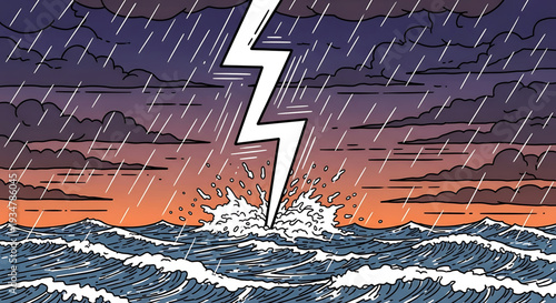 A dramatic vector illustration of a lightning bolt striking the ocean during a stormy sunset