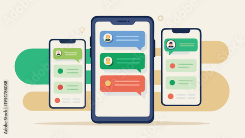 iMessages dual chat interface mockup with bubble conversations keyboard, modern unified messaging layout, messaging experience vector illustration, Modern Mobile Messaging UI with Smartphone Screens