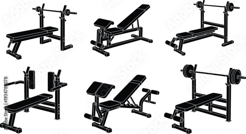 Gym bench silhouettes vector set, workout stations, strength training equipment, bench press, incline bench, leg curl, extension machine illustration design